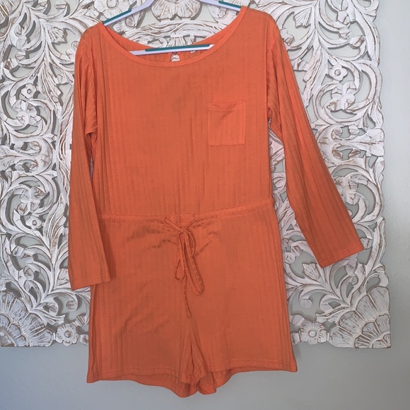- Orange Knit Sweater Draw String Waist Romper - Picture 5 of 7